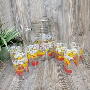 Vintage Pitcher & Tumbler Set, Cherries Hanging From a Branch Anchor Hocking